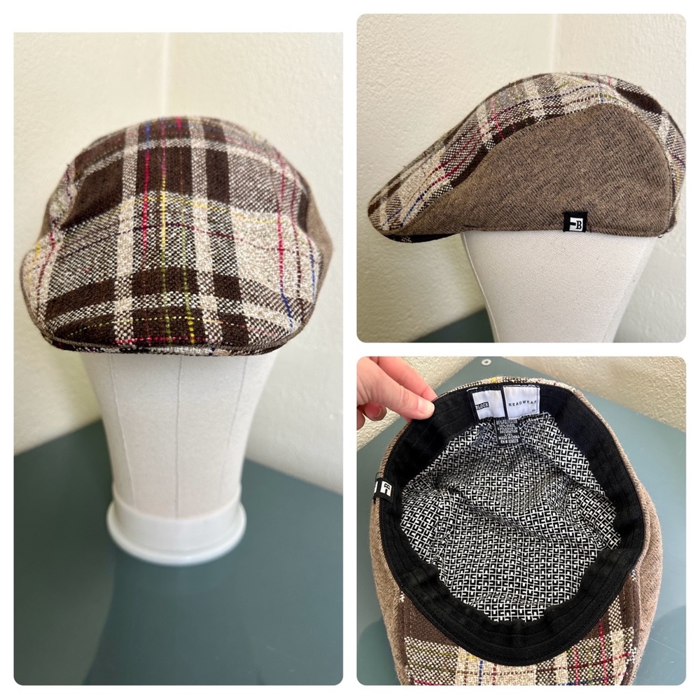 Block Headwear Cabbie Newsboy Plaid Knit Hat Brown Cap Golf L/XL VGUC!